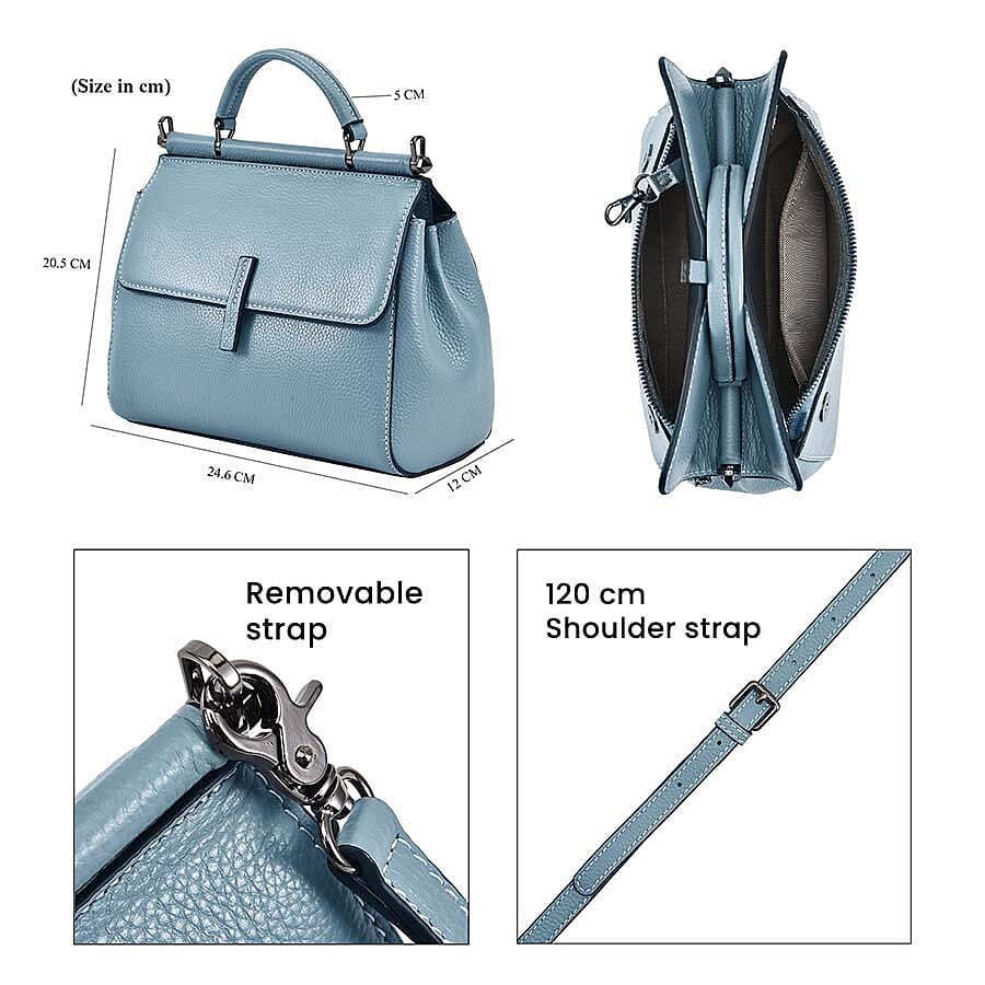 100% Genuine Leather Convertible Bag with Detachable Long Strap - Light Blue