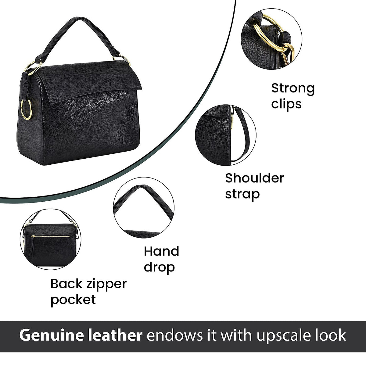 100% Genuine Leather Convertible Bag with Detachable Long Strap - Black 7027306 5