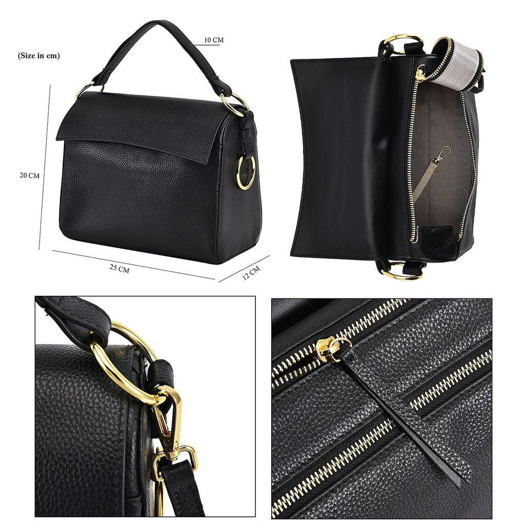 100% Genuine Leather Convertible Bag with Detachable Long Strap (Size 25x12x20 Cm) - Black