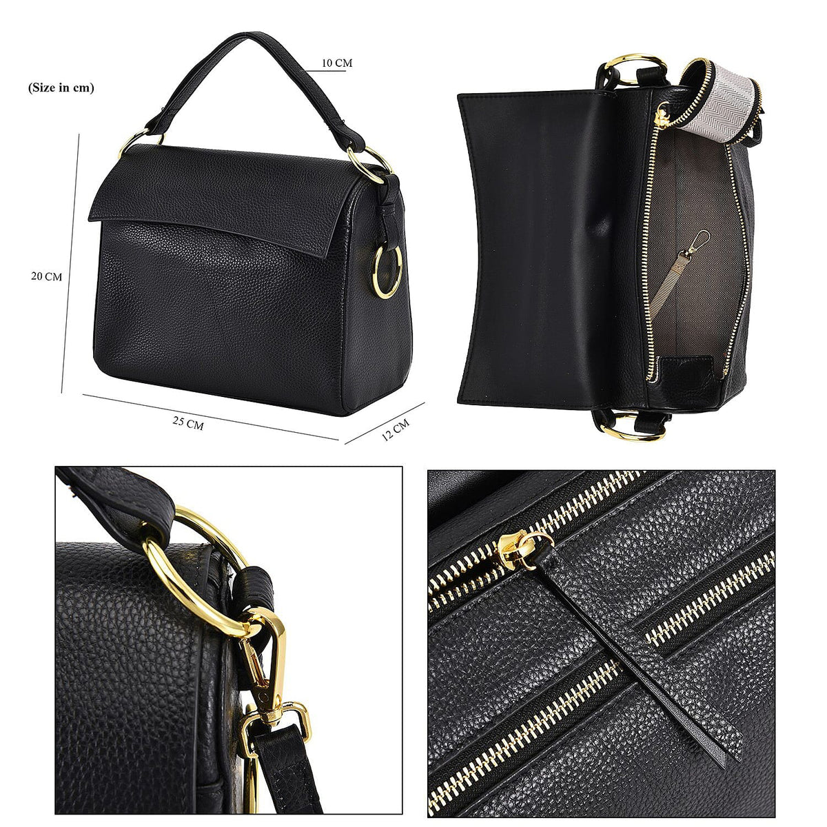 100% Genuine Leather Convertible Bag with Detachable Long Strap - Black 7027306 7