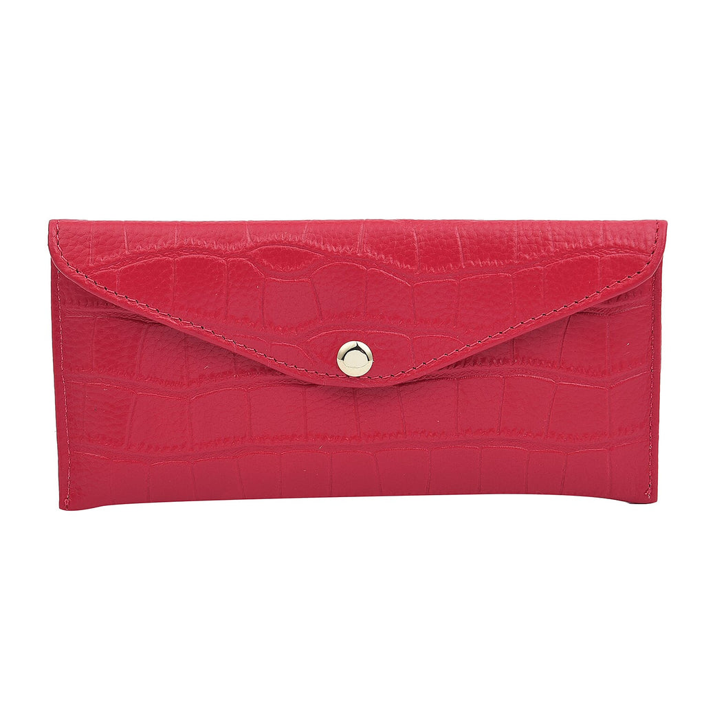 100% Genuine Leather Croc Embossed Pattern Long Size Wallet with Magnetic Closure (Size 20x10Cm) - Fuchsia