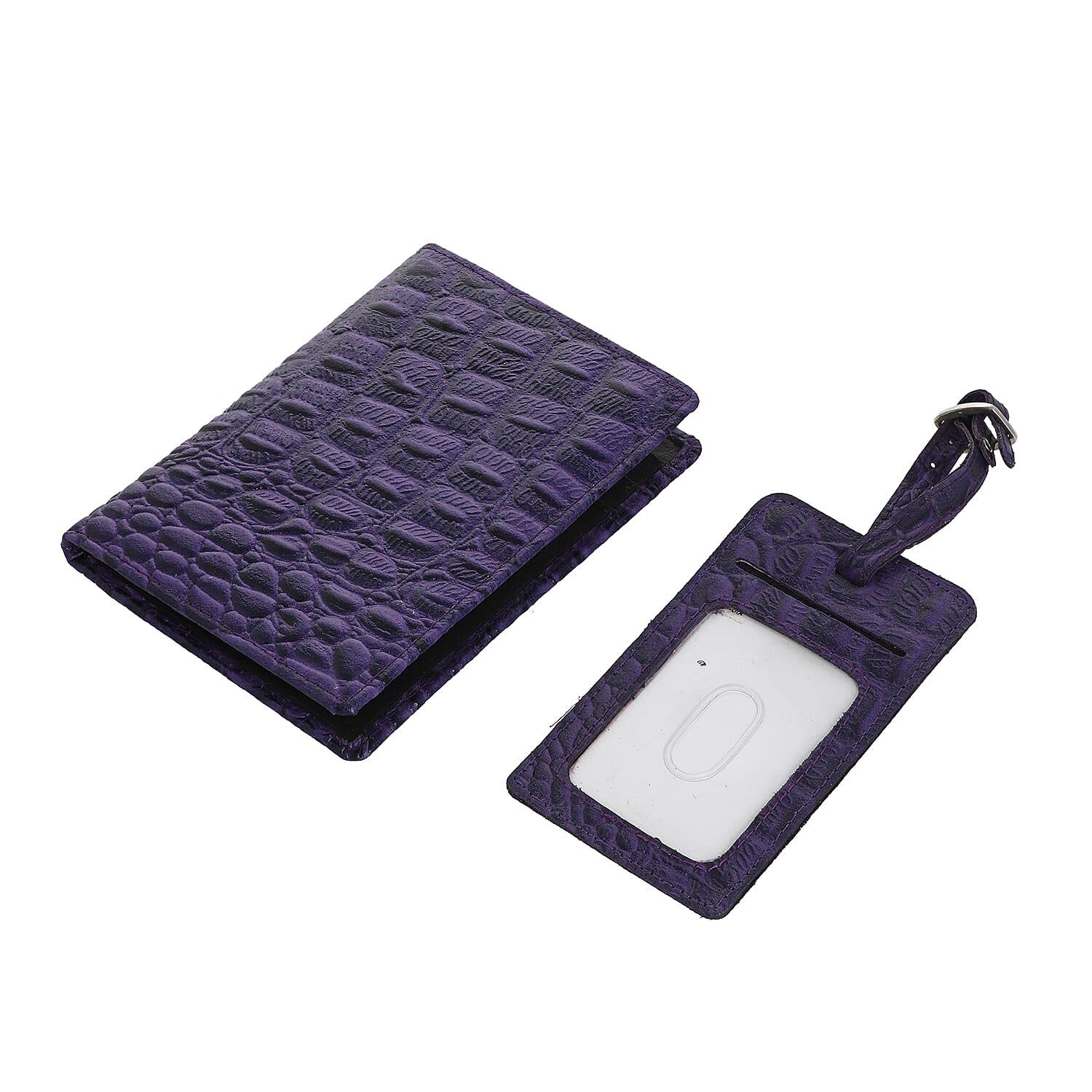 100% Genuine Leather Croc Embossed Pattern RFID Protected BI Fold Wallet with Luggage Tag - Purple 6489836 0