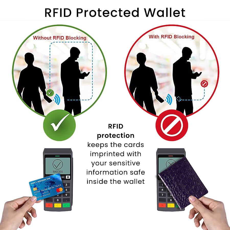100% Genuine Leather Croc Embossed Pattern RFID Protected BI Fold Wallet with Luggage Tag - Purple 6489836 3
