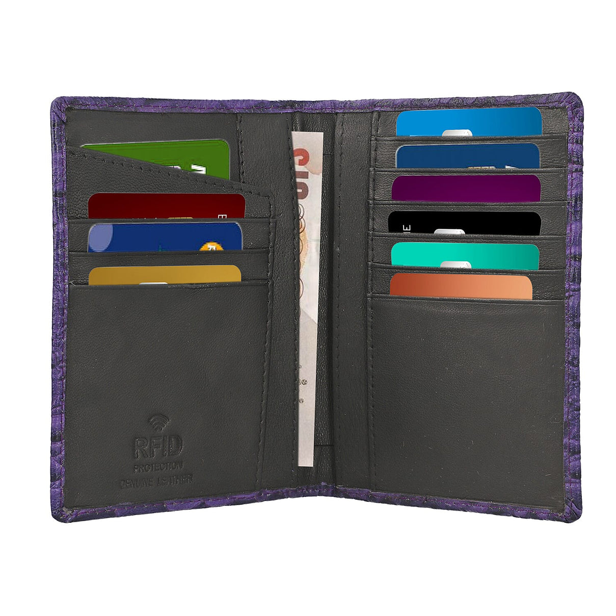 100% Genuine Leather Croc Embossed Pattern RFID Protected BI Fold Wallet with Luggage Tag - Purple 6489836 6