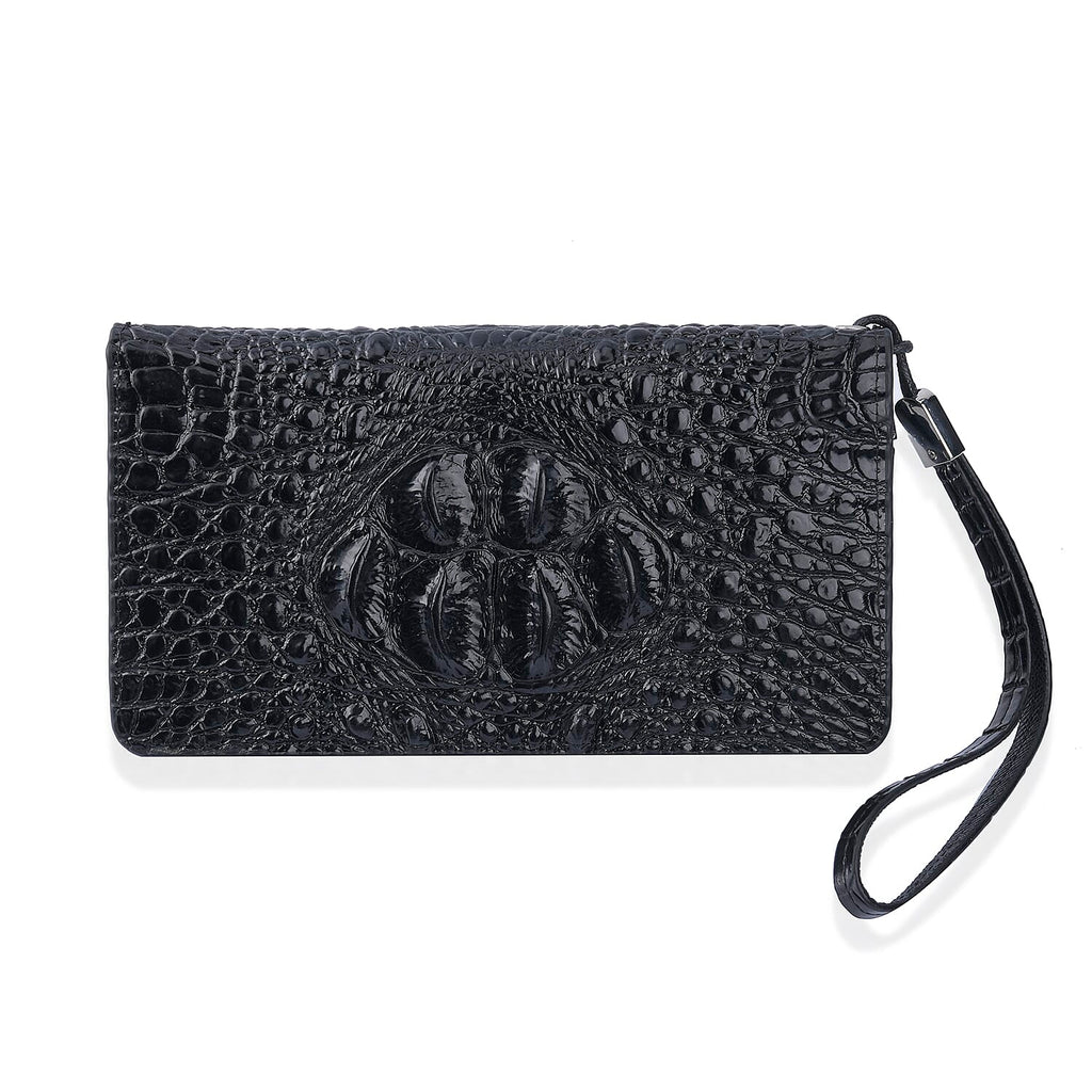 100% Genuine Leather Croc Embossed Wallet with Zipper Closure (Size 21x12x3 Cm) - Black