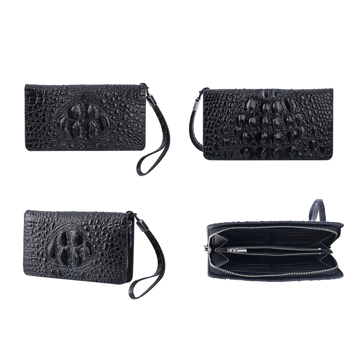 100% Genuine Leather Croc Embossed Wallet with Zipper Closure - Black 7173294 2
