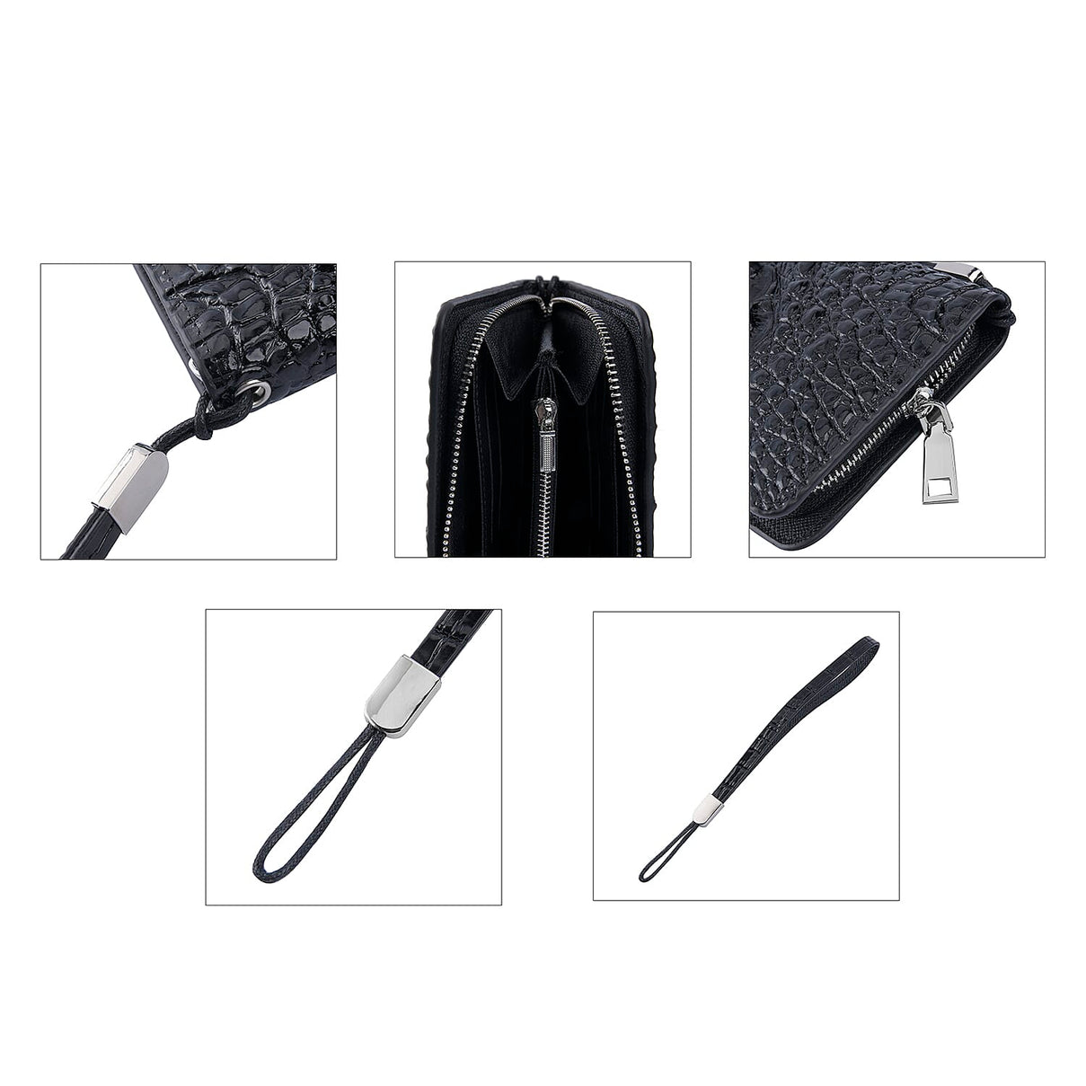 100% Genuine Leather Croc Embossed Wallet with Zipper Closure - Black 7173294 3