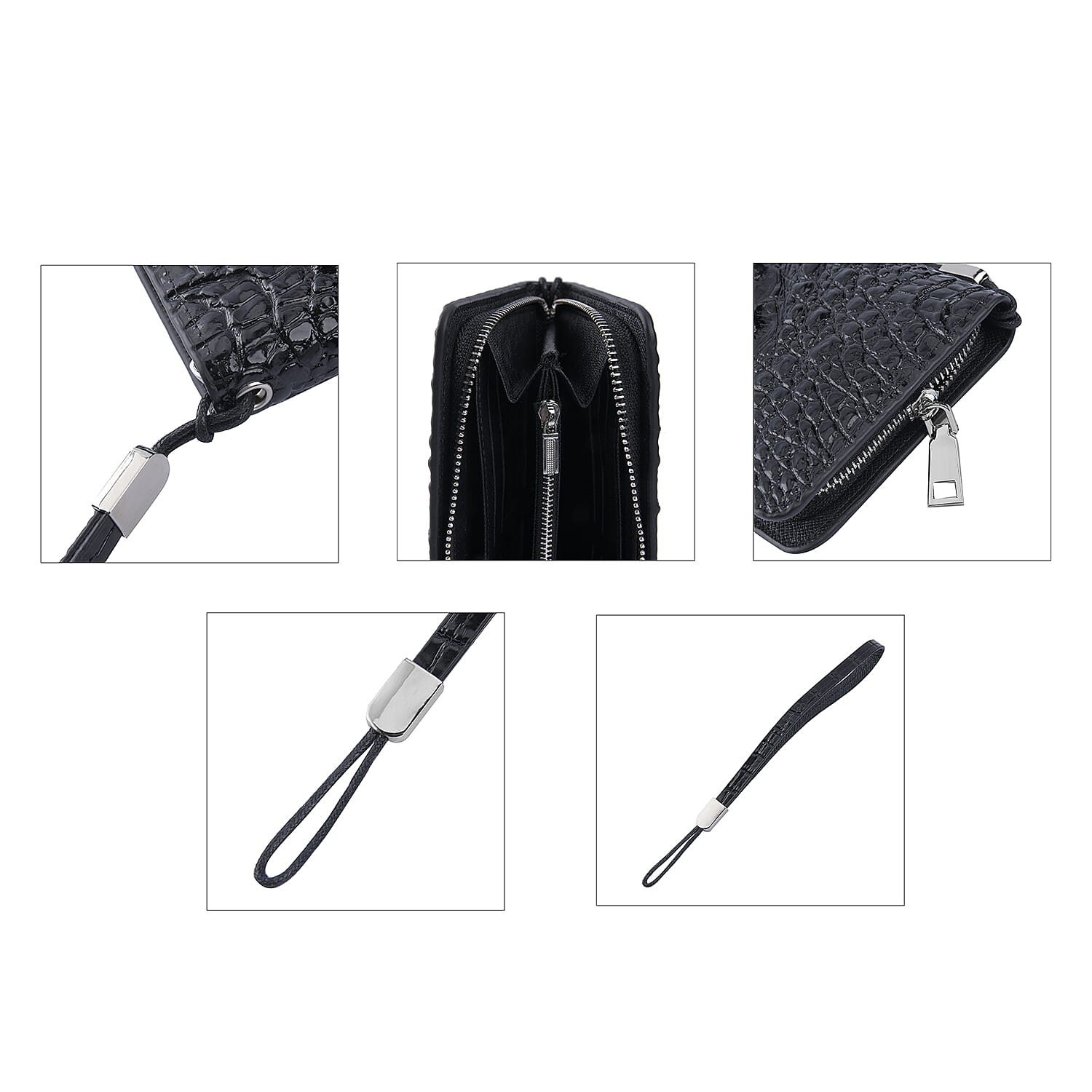 100% Genuine Leather Croc Embossed Wallet with Zipper Closure - Black 7173294 3