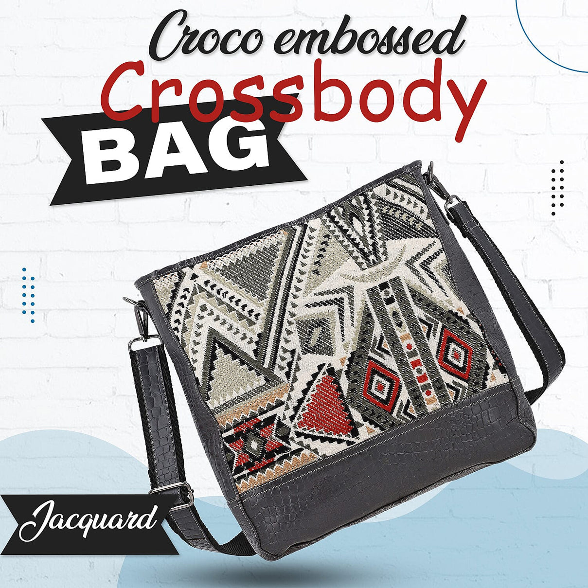 Crocodile Pattern Embossed and Jacquard Crossbody Bag - Brown 7168163 7