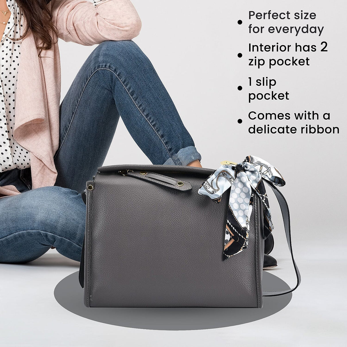 100% Genuine Leather Crossbody Bag with Detachable Long Strap - Grey 7026989 4
