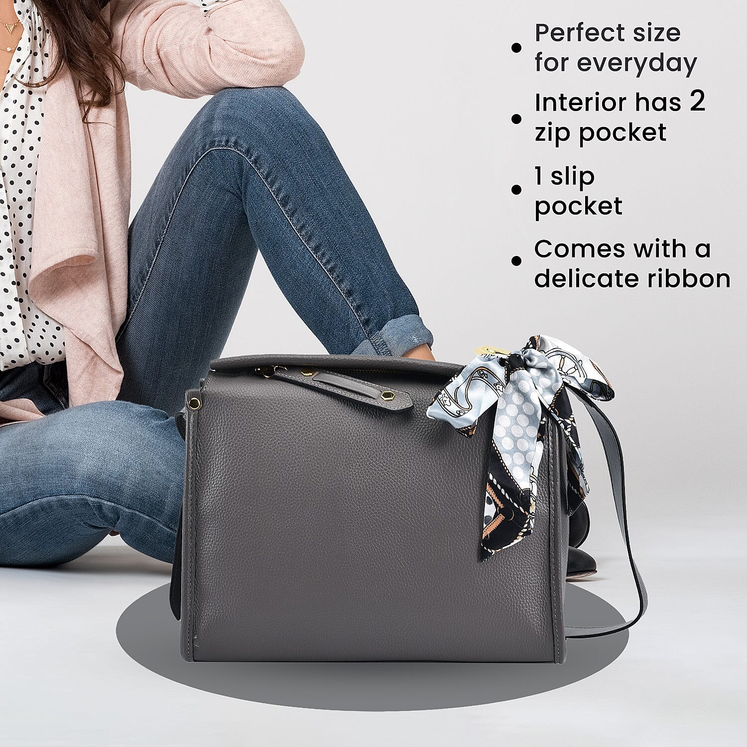 100% Genuine Leather Crossbody Bag with Detachable Long Strap - Grey 7026989 4