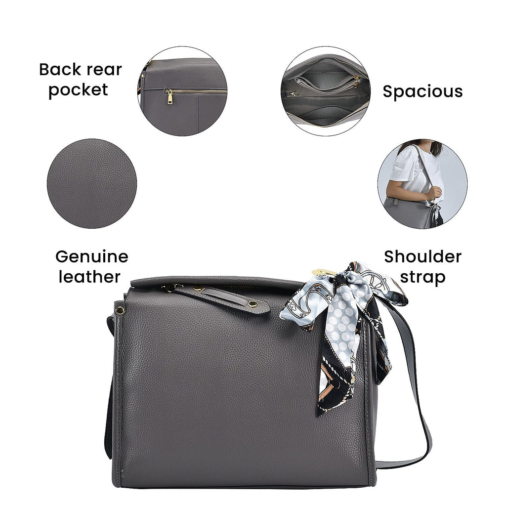 100% Genuine Leather Crossbody Bag with Detachable Long Strap - Grey