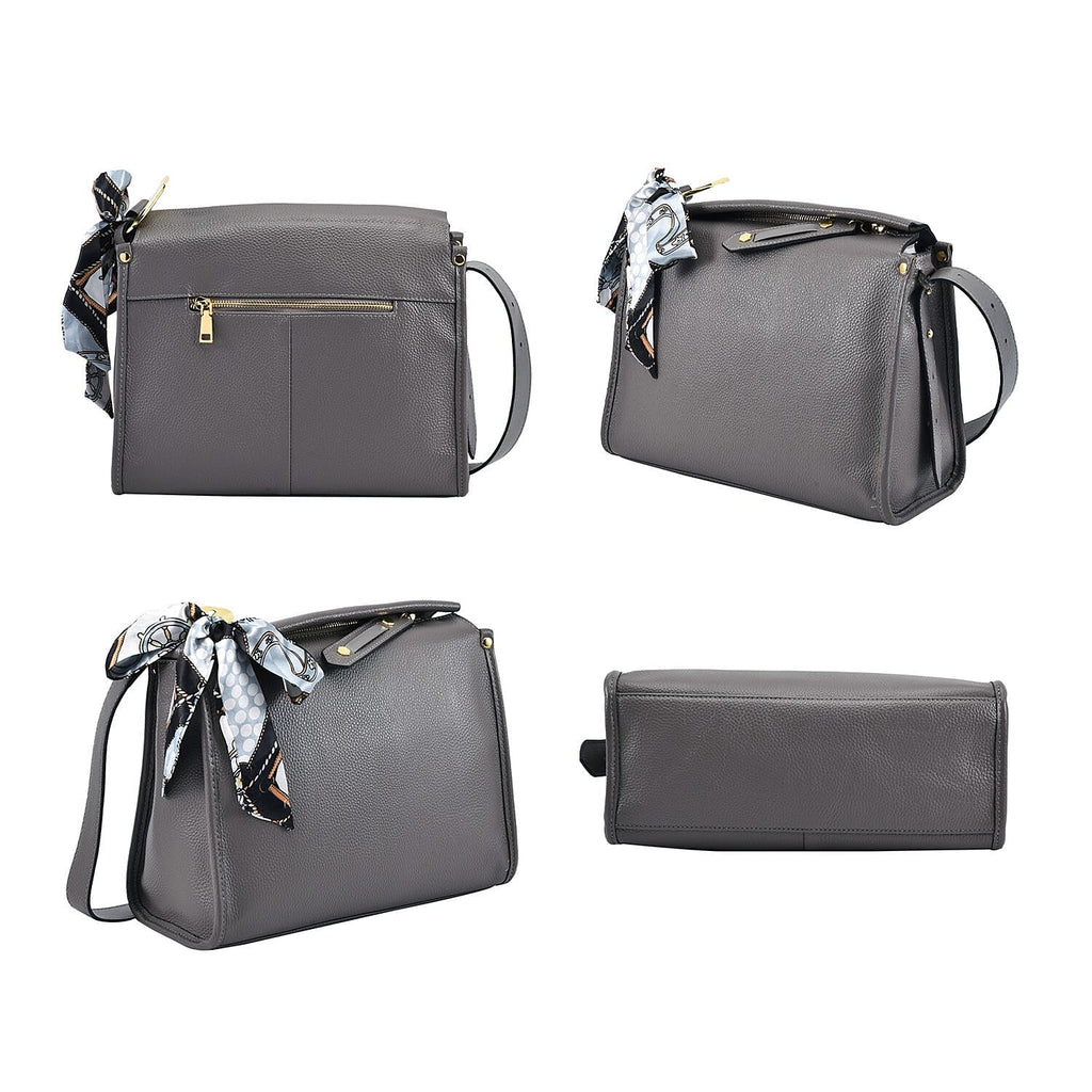 100% Genuine Leather Crossbody Bag with Detachable Long Strap - Grey