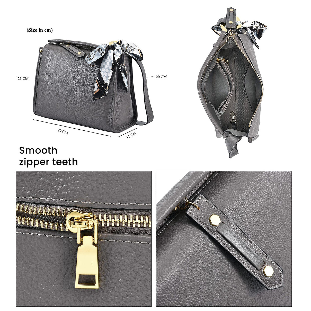 100% Genuine Leather Crossbody Bag with Detachable Long Strap - Grey 7026989 7