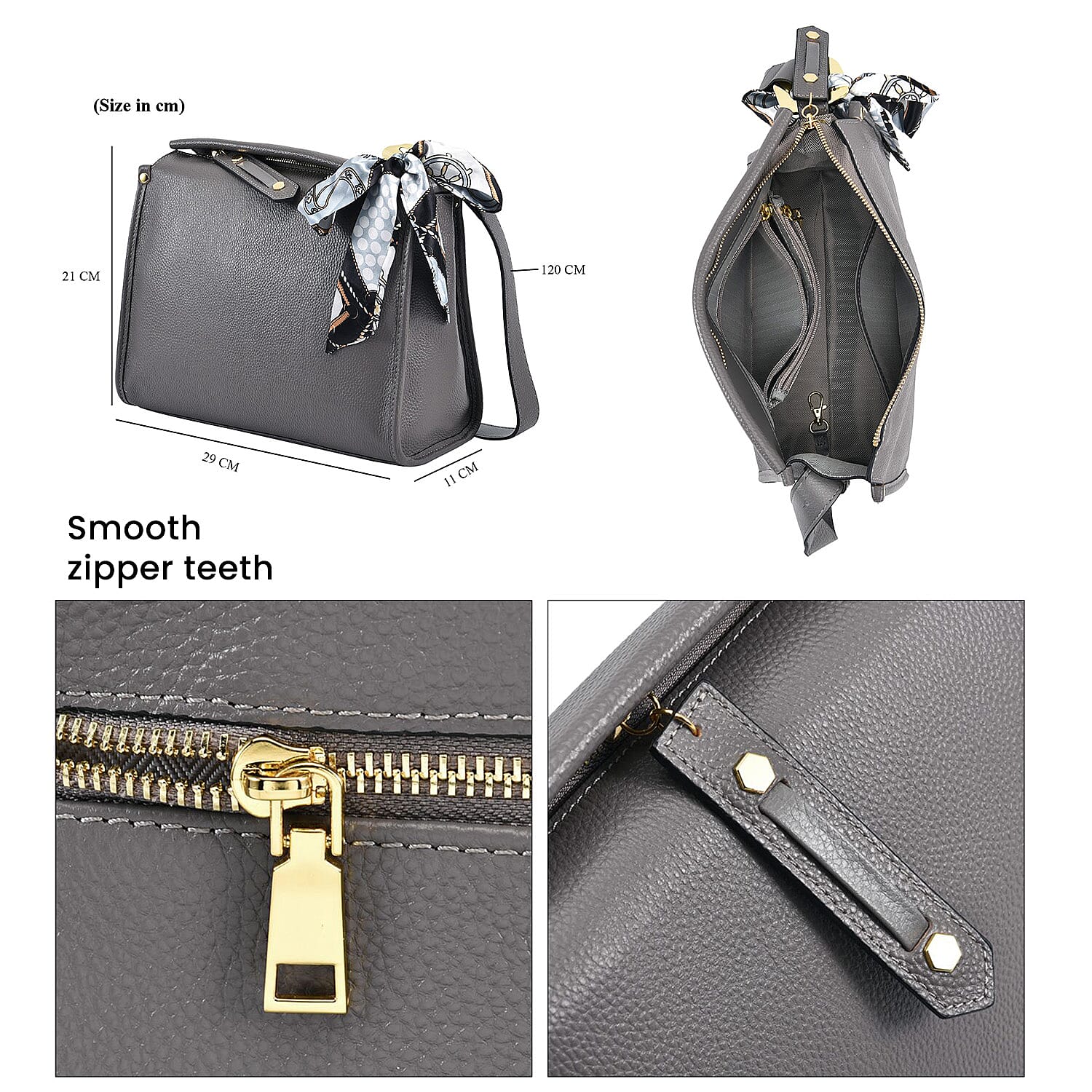 100% Genuine Leather Crossbody Bag with Detachable Long Strap - Grey 7026989 7
