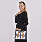 Genuine Leather Diamond Pattern Crossbody Bag with Shoulder Strap - Navy & Multi