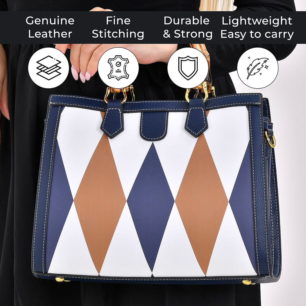 Genuine Leather Diamond Pattern Crossbody Bag with Handle Drop 7676928 11