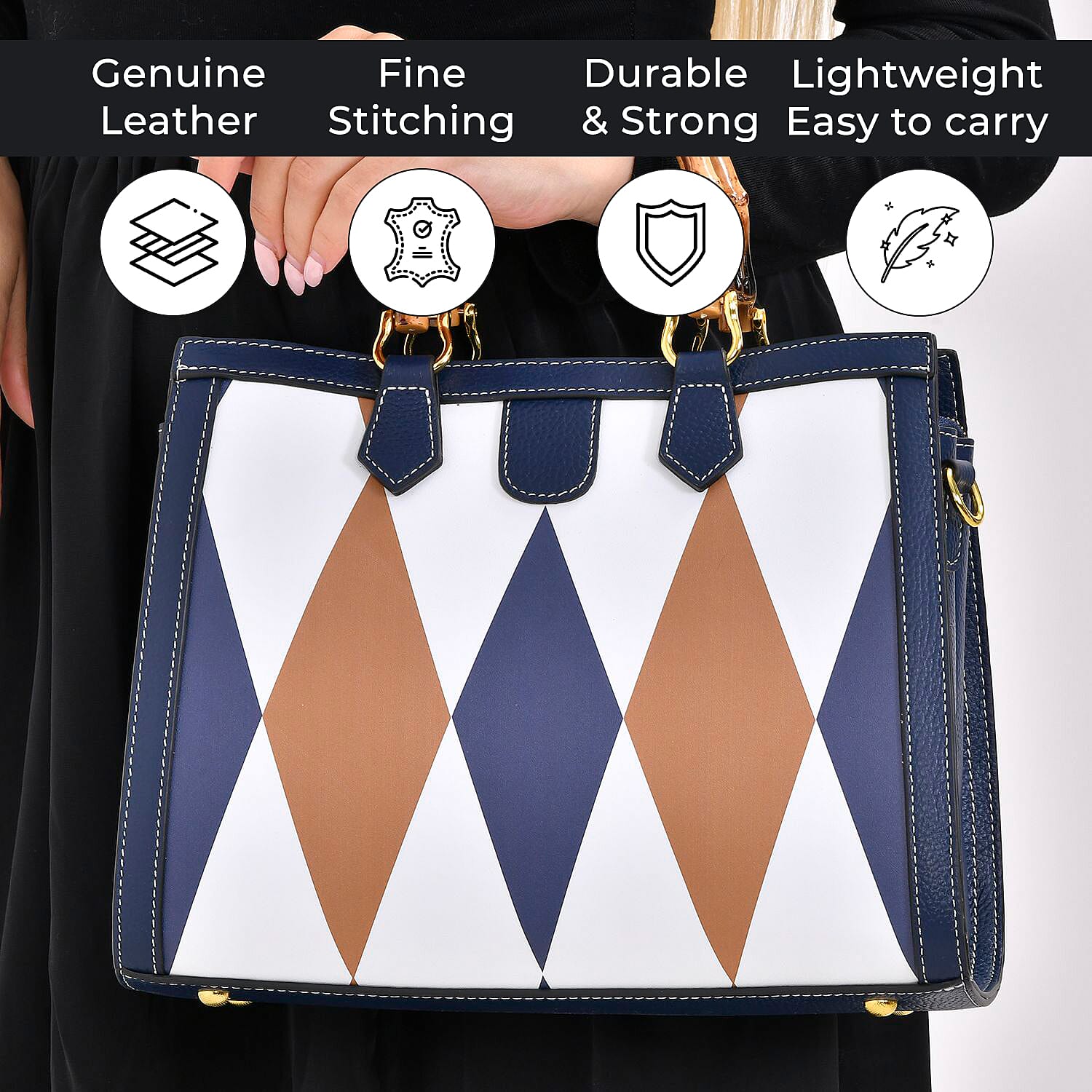 Genuine Leather Diamond Pattern Crossbody Bag with Handle Drop 7676928 11