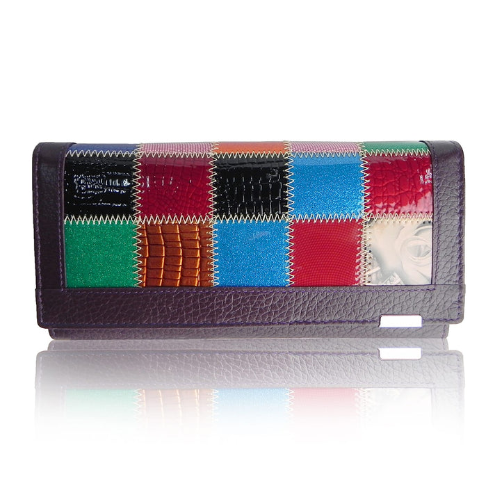 DEAL OF THE DAY - 100% Genuine Leather Patchwork Detail Triple Fold Wallet - Purple 8070710 1