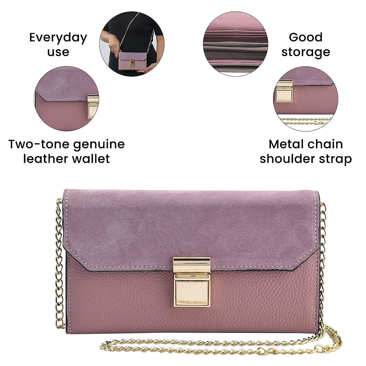 100% Genuine Leather RFID Protected Wallet with Chain Shoulder Strap - Pink 7837603 4