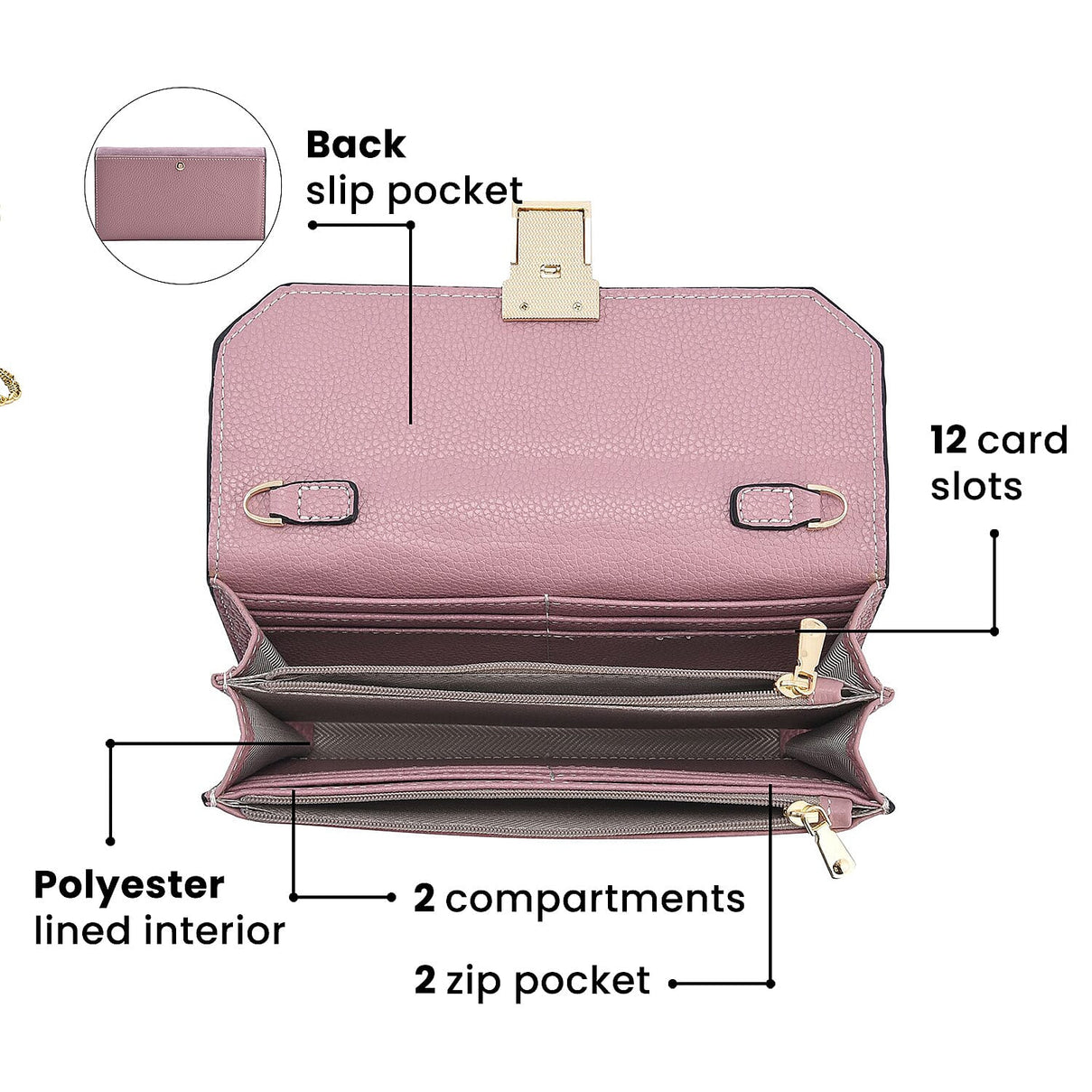 100% Genuine Leather RFID Protected Wallet with Chain Shoulder Strap - Pink 7837603 6