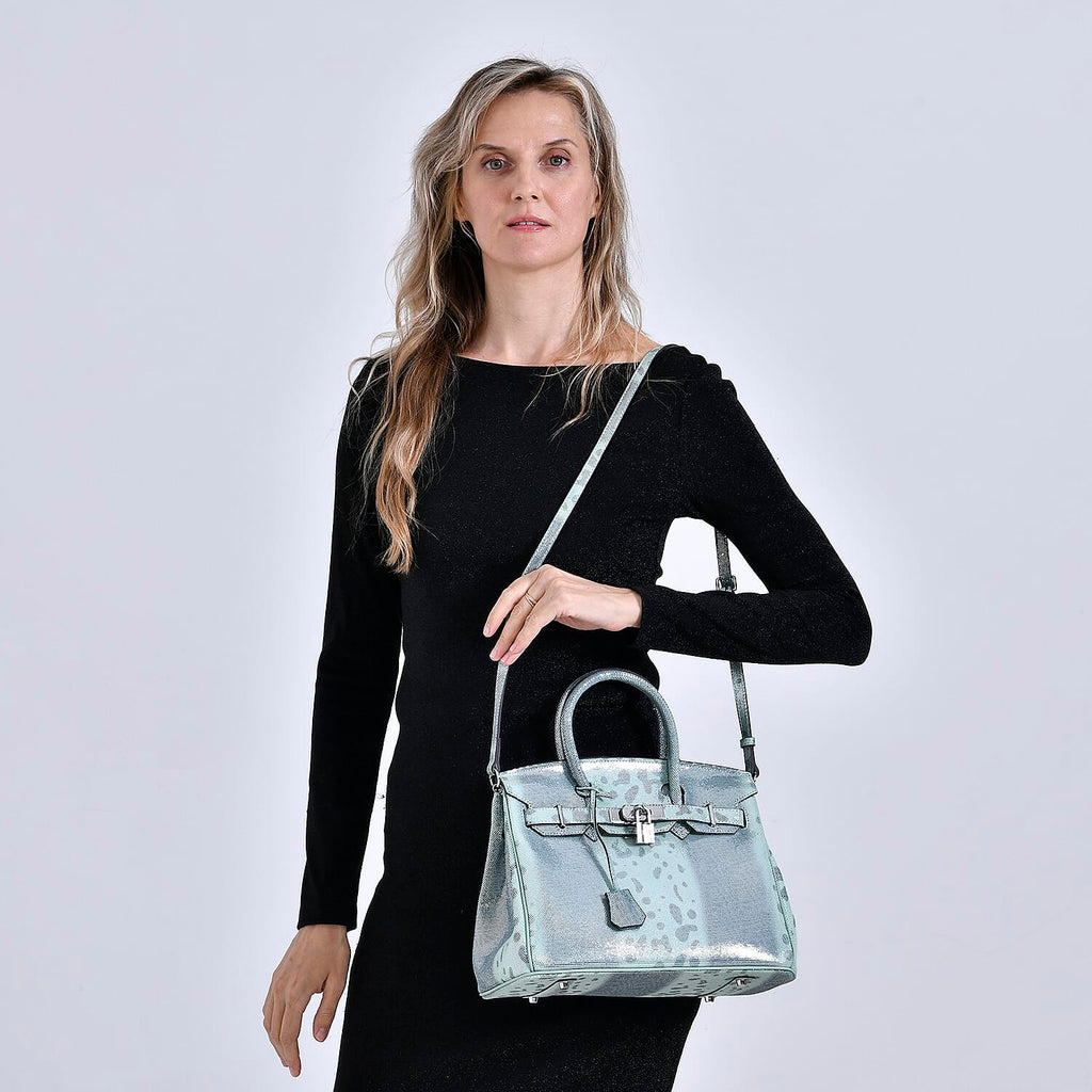 Designer Inspired - 100% Genuine Leather Snakeskin Pattern Crossbody Bag - Green