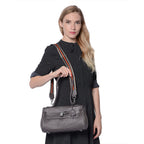 100% Genuine Leather Tote Bag with Stripe Pattern Shoulder Strap - Black