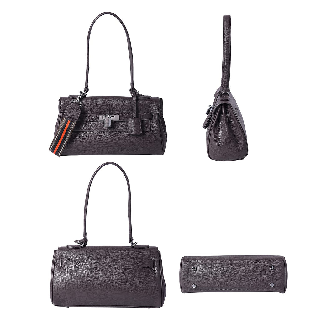 100% Genuine Leather Tote Bag with Stripe Pattern Shoulder Strap - Black