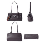 100% Genuine Leather Tote Bag with Stripe Pattern Shoulder Strap - Black