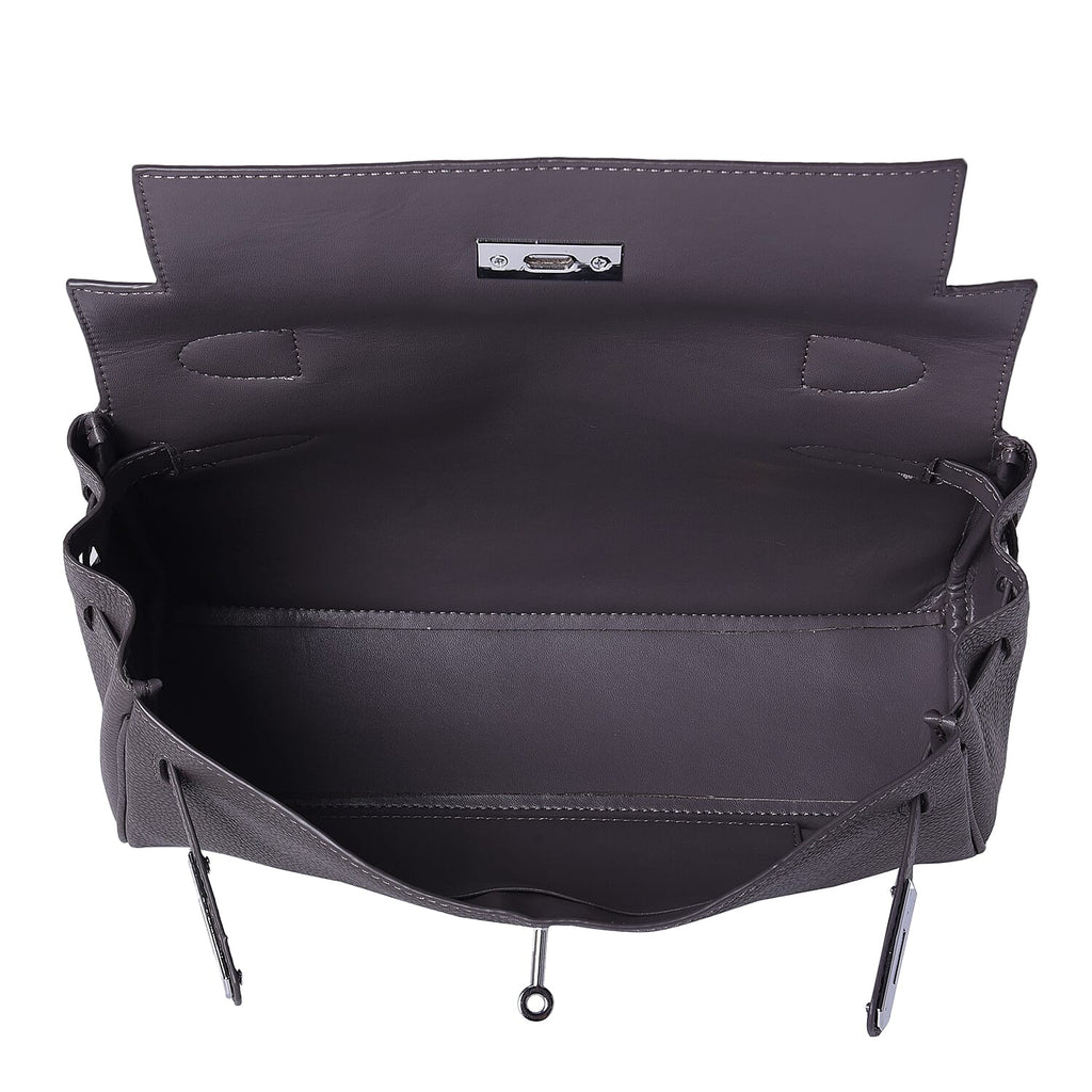 100% Genuine Leather Tote Bag with Stripe Pattern Shoulder Strap - Black