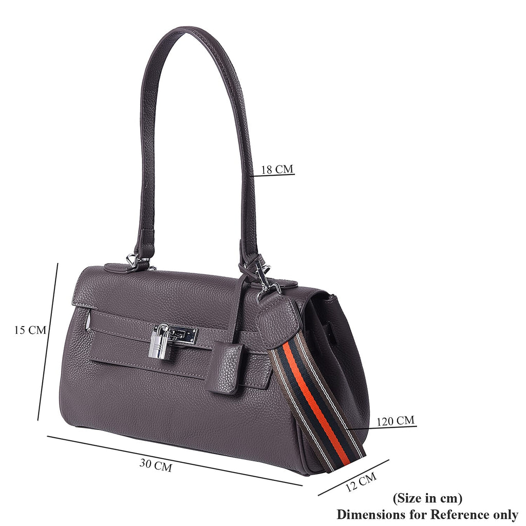 100% Genuine Leather Tote Bag with Stripe Pattern Shoulder Strap - Black