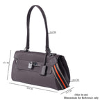 100% Genuine Leather Tote Bag with Stripe Pattern Shoulder Strap - Black