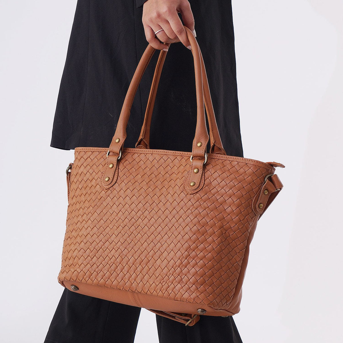 100% Genuine Leather Weaved Shoulder Bag with Adjustable Shoulder Strap - Tan 7171182 1