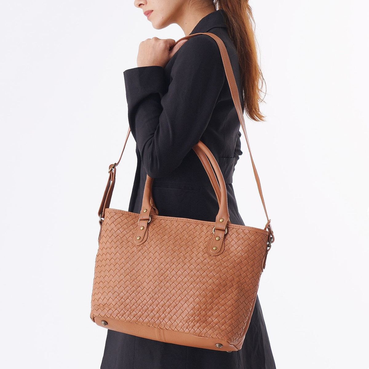 100% Genuine Leather Weaved Shoulder Bag with Adjustable Shoulder Strap - Tan 7171182 2
