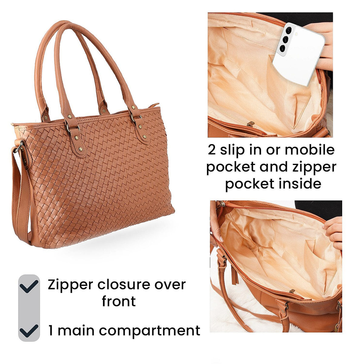 100% Genuine Leather Weaved Shoulder Bag with Adjustable Shoulder Strap - Tan 7171182 3