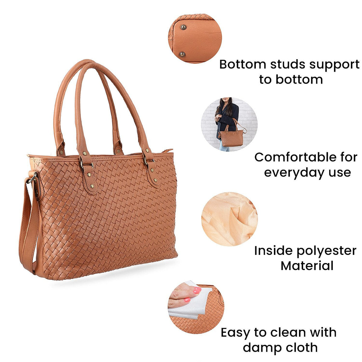 100% Genuine Leather Weaved Shoulder Bag with Adjustable Shoulder Strap - Tan 7171182 5
