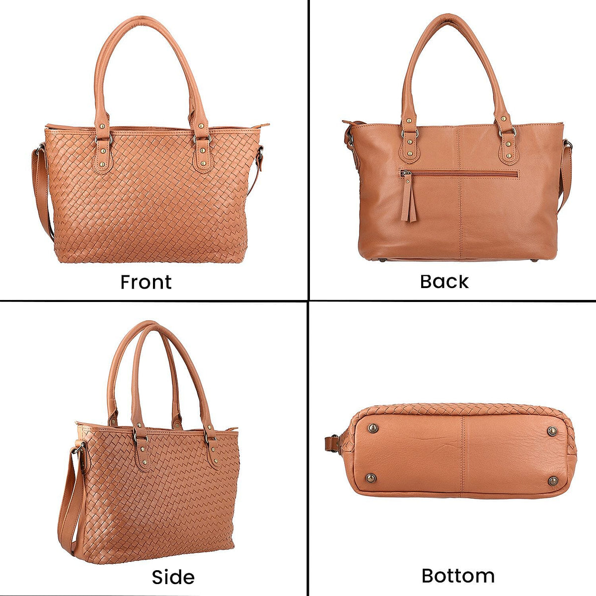 100% Genuine Leather Weaved Shoulder Bag with Adjustable Shoulder Strap - Tan 7171182 7