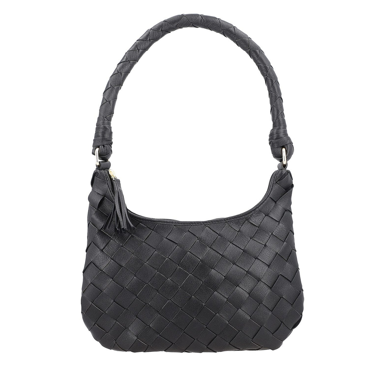 100% Genuine Leather Weaved Shoulder Hobo Bag - Black 7171304 0