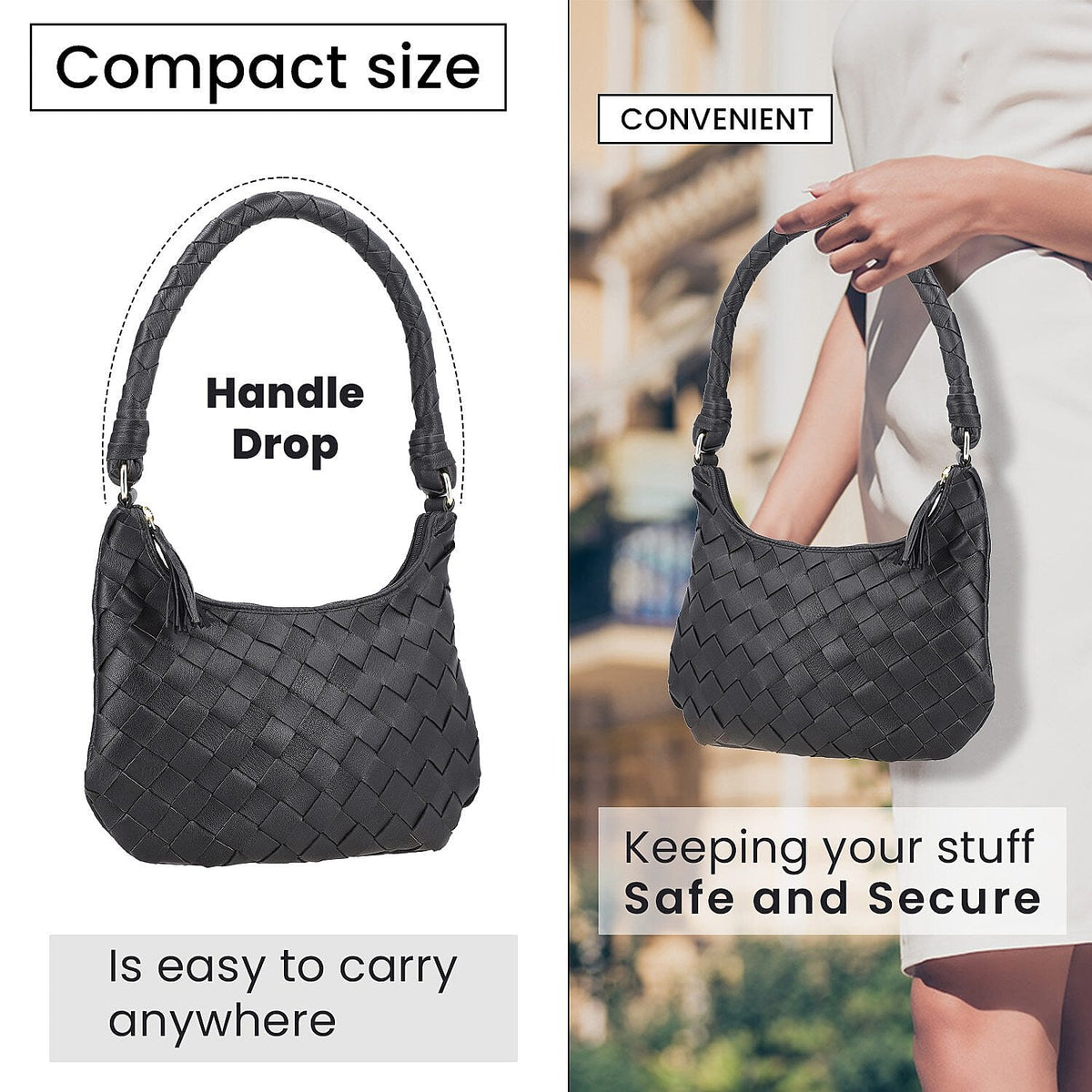 100% Genuine Leather Weaved Shoulder Hobo Bag - Black 7171304 2
