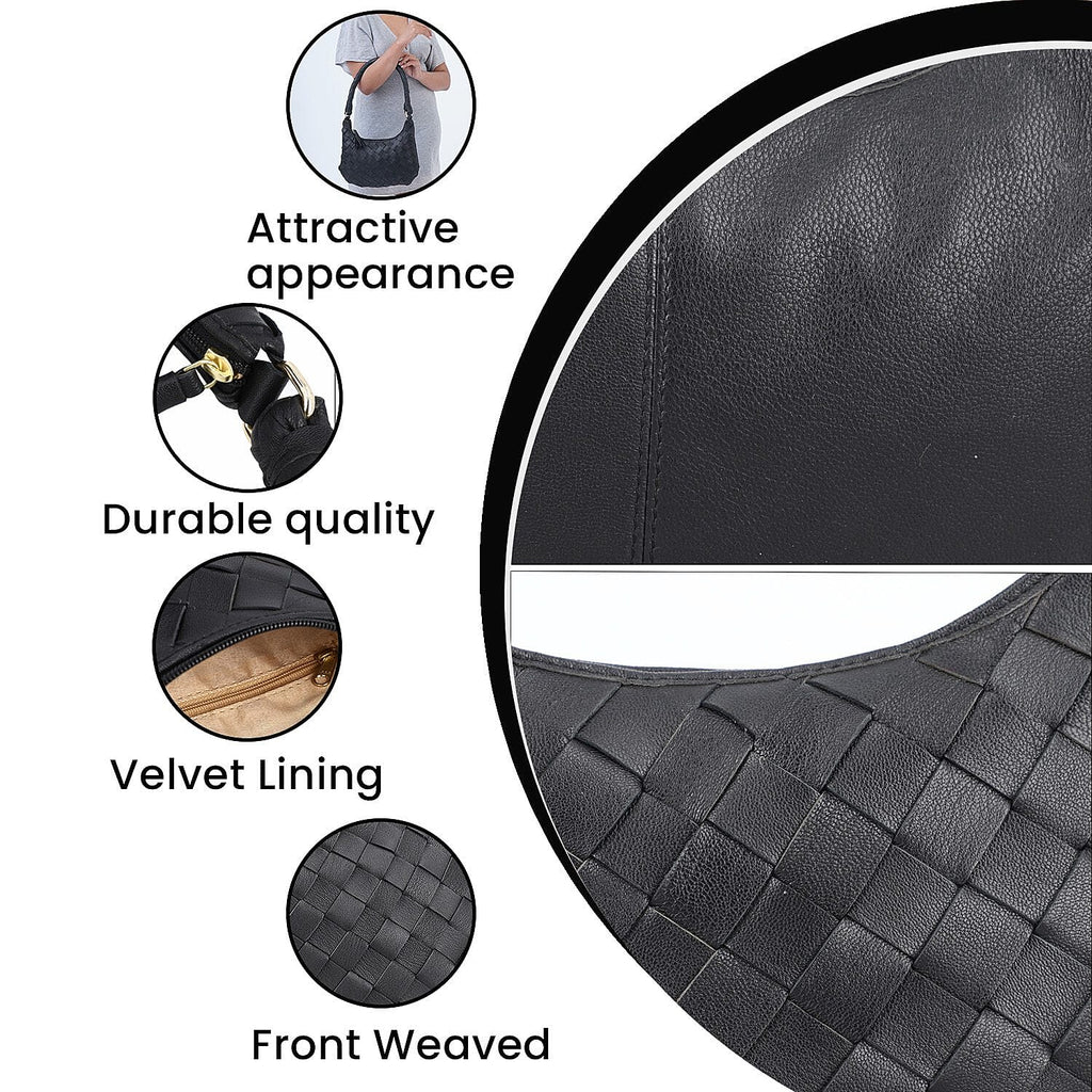 100% Genuine Leather Weaved Shoulder Hobo Bag (Size 31x19 cm) - Black