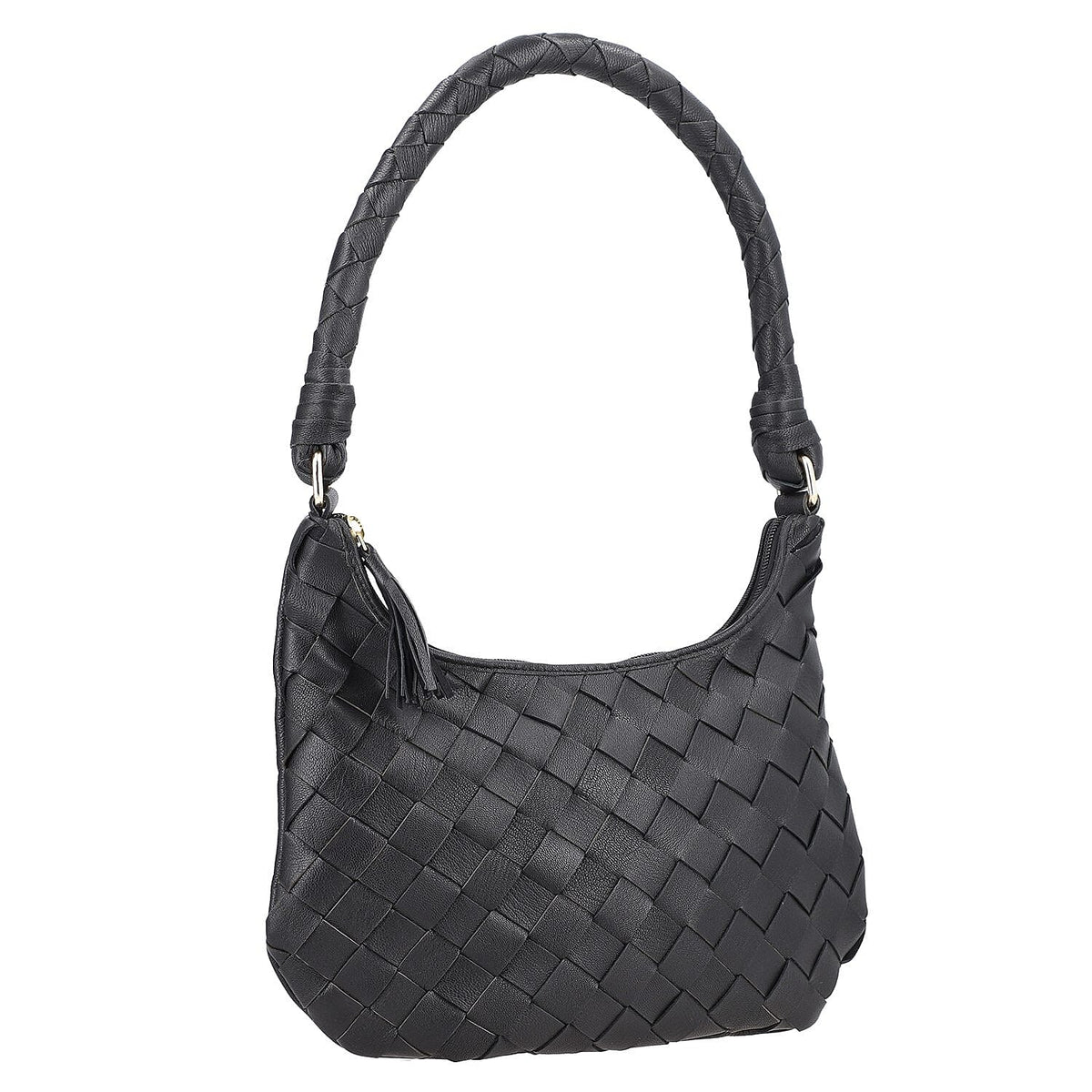 100% Genuine Leather Weaved Shoulder Hobo Bag - Black 7171304 6