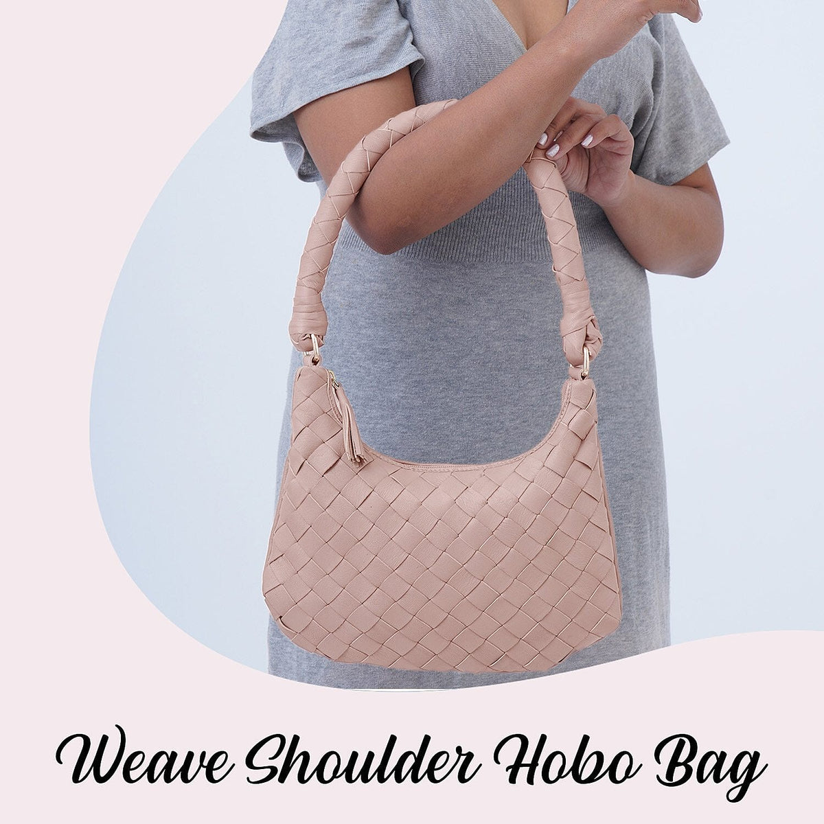 100% Genuine Leather Weaved Shoulder Hobo Bag - Light Brown V32699509 1