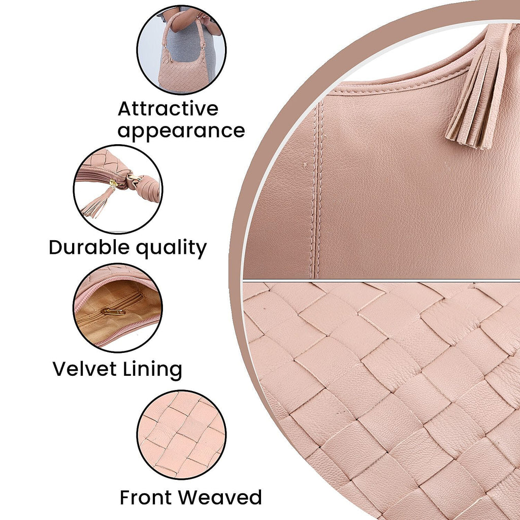 100% Genuine Leather Weaved Shoulder Hobo Bag - Light Brown