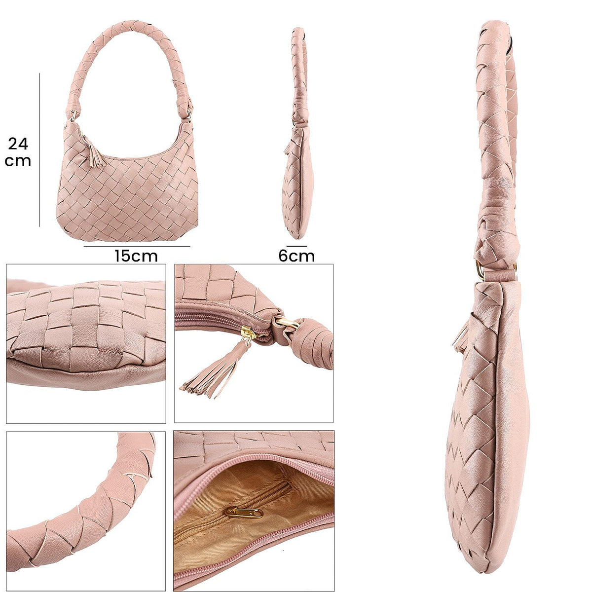 100% Genuine Leather Weaved Shoulder Hobo Bag - Light Brown V32699509 5
