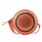 100% Genuine Leather Weaving Round Crossbody Bag - Brown