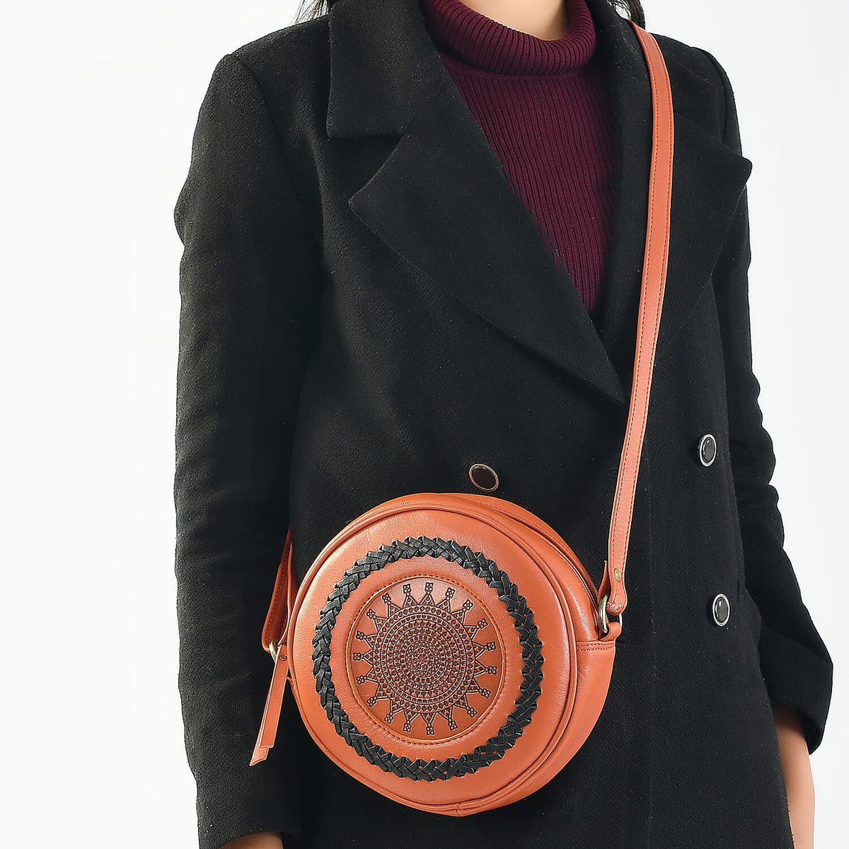 100% Genuine Leather Weaving Round Crossbody Bag - Brown 7644745 3