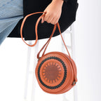 100% Genuine Leather Weaving Round Crossbody Bag - Brown