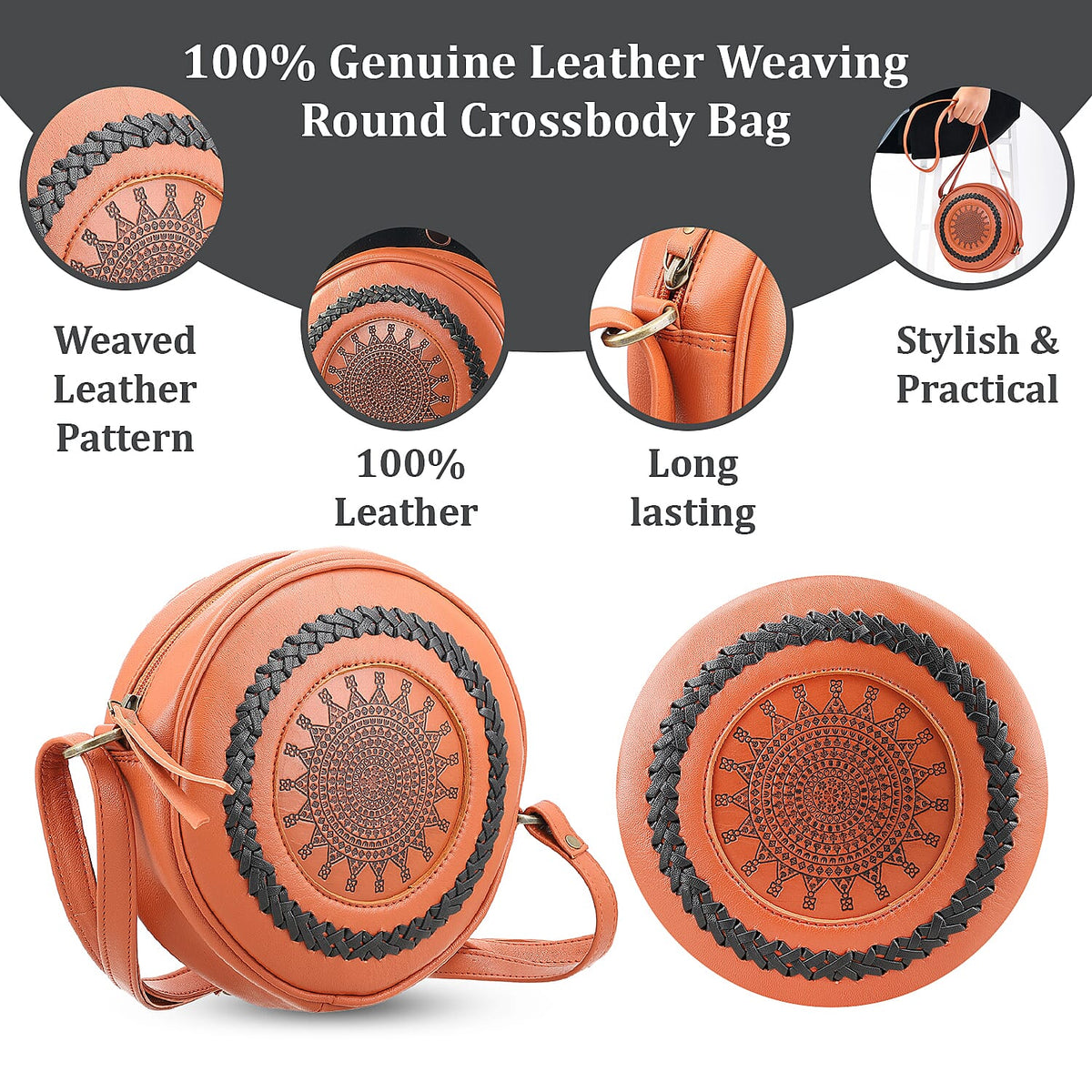 100% Genuine Leather Weaving Round Crossbody Bag - Brown 7644745 7