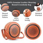 100% Genuine Leather Weaving Round Crossbody Bag - Brown