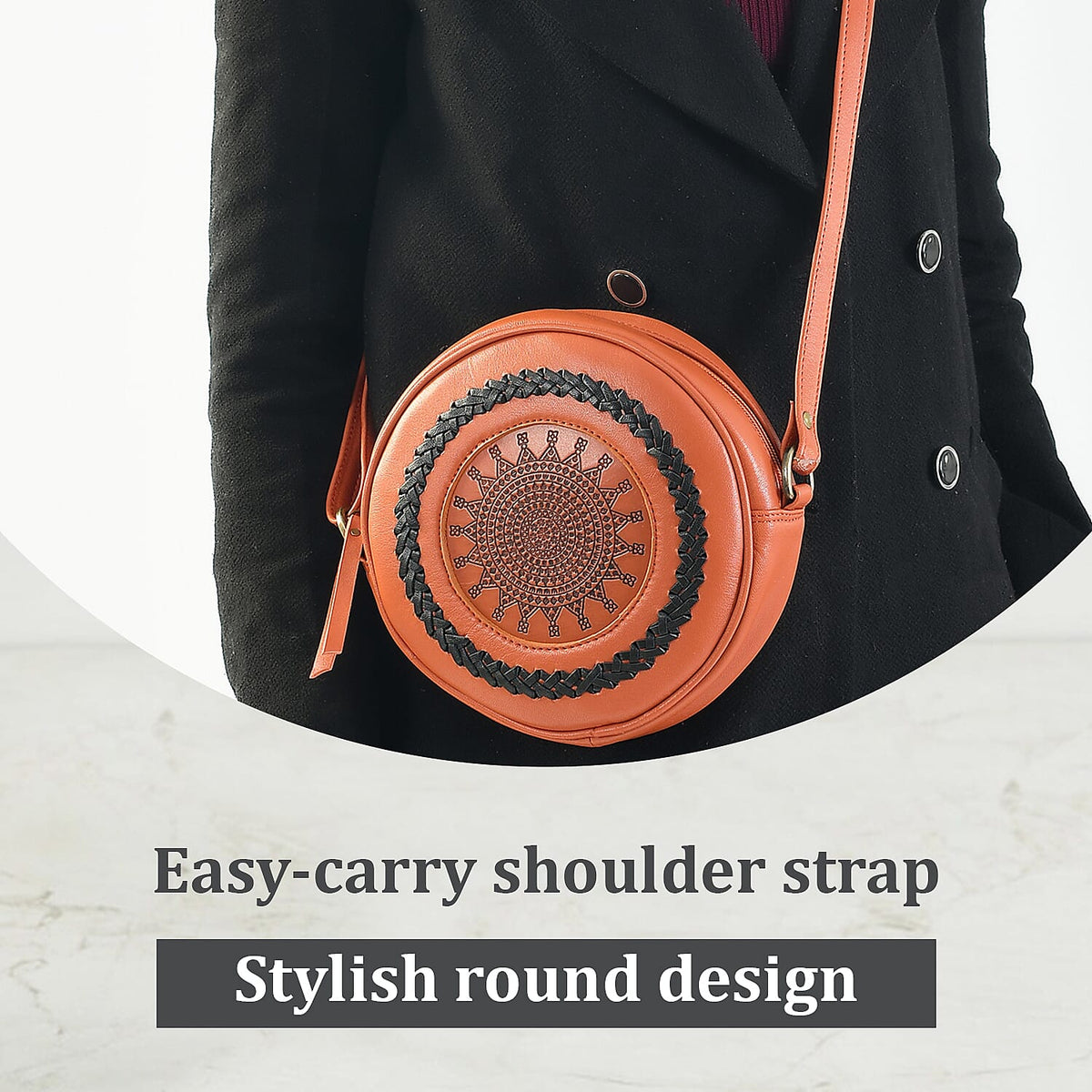 100% Genuine Leather Weaving Round Crossbody Bag - Brown 7644745 9